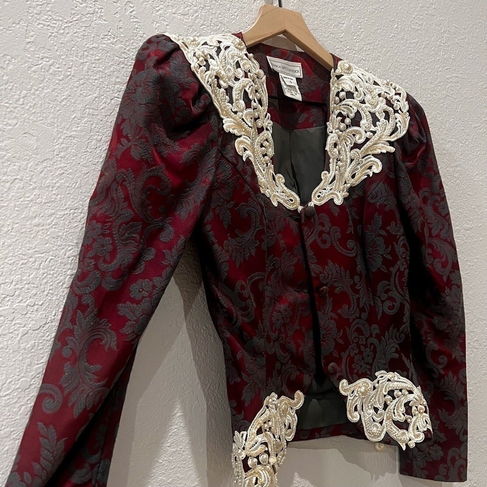 Vintage Jessica Mcclintock Jacquard Jacket 80’s Lace Detail And Pearl/ Beads - Picture 4 of 13